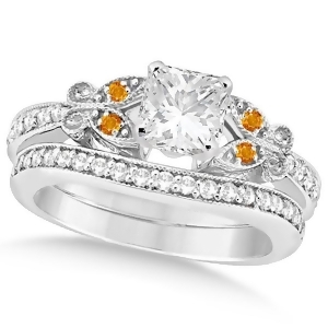 Princess Diamond and Citrine Butterfly Bridal Set in 14k W Gold 0.71ct - All