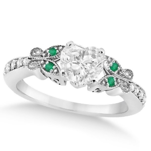 Heart Diamond and Emerald Butterfly Engagement Ring 14k W Gold 0.50ct - All