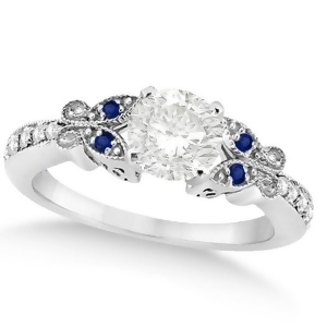 Round Diamond and Blue Sapphire Butterfly Engagement Ring 14k W Gold 0.50ct - All