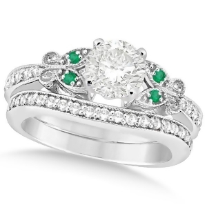 Round Diamond and Emerald Butterfly Bridal Set in 14k W Gold 0.96ct - All
