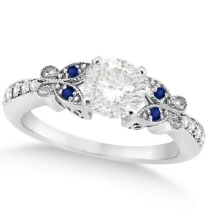 Round Diamond and Blue Sapphire Butterfly Engagement Ring 14k W Gold 1.00ct - All
