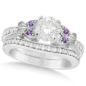 Round Diamond and Amethyst Butterfly Bridal Set in 14k W Gold 1.21ct - All