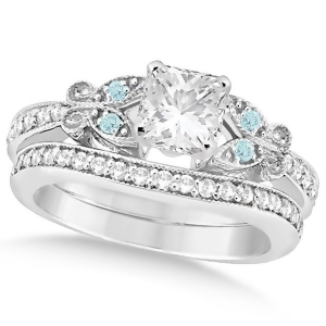 Princess Diamond and Aquamarine Butterfly Bridal Set 14k W Gold 0.71ct - All