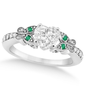 Heart Diamond and Emerald Butterfly Engagement Ring 14k W Gold 0.75ct - All