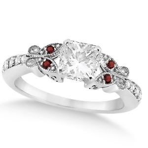 Princess Diamond and Garnet Butterfly Engagement Ring 14k W Gold 0.75ct - All