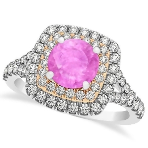 Square Double Halo Pink Sapphire Engagement Ring 14k Two-Tone Gold 1.38ct - All