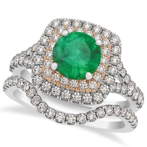 Square Double Halo Emerald Ring and Band Bridal Set 14k Two-Tone Gold 1.55ct - All
