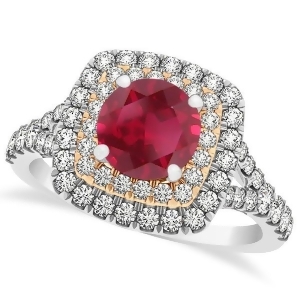 Square Double Halo Ruby Engagement Ring 14k Two-Tone Gold 1.38ct - All