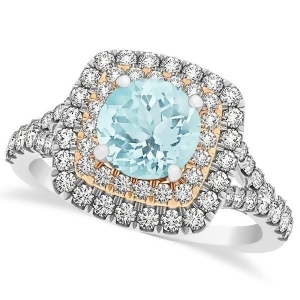 Square Double Halo Aquamarine Engagement Ring 14k Two-Tone Gold 1.38ct - All
