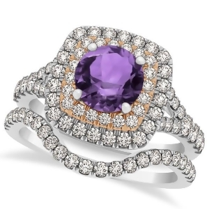 Square Double Halo Amethyst Ring Bridal Set 14k Two-Tone Gold 1.55ct - All