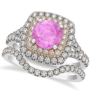 Square Double Halo Pink Sapphire Bridal Ring Set 14k Two-Tone Gold 1.55ct - All