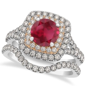 Square Double Halo Ruby Ring and Band Bridal Set 14k Two-Tone Gold 1.55ct - All