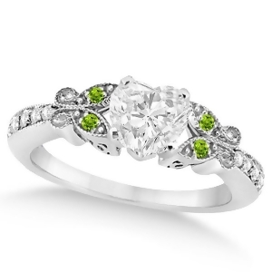 Heart Diamond and Peridot Butterfly Engagement Ring 14k W Gold 1.50ct - All