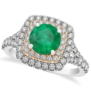 Square Double Halo Emerald Engagement Ring 14k Two-Tone Gold 1.38ct - All