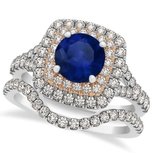Square Double Halo Blue Sapphire Bridal Ring Set 14k Two-Tone Gold 1.55ct - All