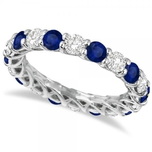 Luxury Diamond and Blue Sapphire Eternity Ring Band 14k White Gold 4.20ct - All