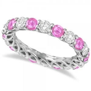 Luxury Diamond and Pink Sapphire Eternity Ring Band 14k White Gold 4.20ct - All
