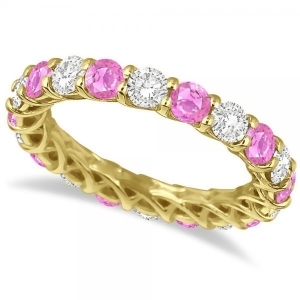 Luxury Diamond and Pink Sapphire Eternity Ring 14k Yellow Gold 4.20ct - All