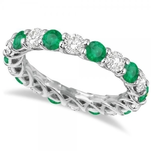 Luxury Diamond and Emerald Eternity Ring Band 14k White Gold 4.20ct - All