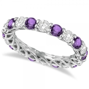 Luxury Diamond and Amethyst Eternity Ring Band 14k White Gold 4.20ct - All