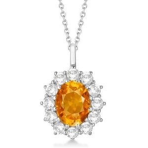 Oval Citrine and Diamond Pendant Necklace 14k White Gold 3.60ctw - All