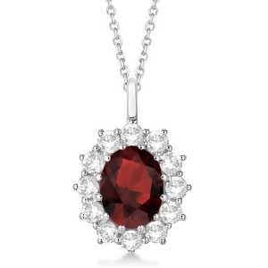 Oval Garnet and Diamond Pendant Necklace 14k White Gold 3.60ctw - All