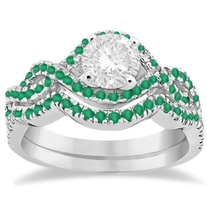 Emerald Infinity Halo Engagement Ring and Band Set 14K White Gold 0.60ct - All