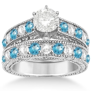 Antique Diamond and Blue Topaz Bridal Wedding Ring Set in Palladium 2.75ct - All