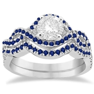 Blue Sapphire Infinity Halo Engagement Ring and Band Set Platinum 0.60ct - All