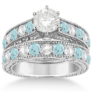 Antique Diamond and Aquamarine Bridal Wedding Ring Set 14k White Gold 2.75ct - All
