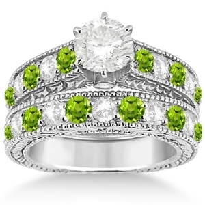 Antique Diamond and Peridot Wedding and Engagement Ring Set Platinum 2.75ct - All