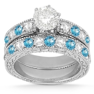 Antique Diamond and Blue Topaz Bridal Set 14k White Gold 1.80ct - All