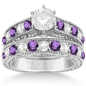 Antique Diamond and Amethyst Bridal Wedding Ring Set 14k White Gold 2.75ct - All