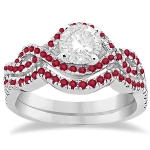 Ruby Infinity Halo Engagement Ring and Band Set 18K White Gold 0.60ct - All