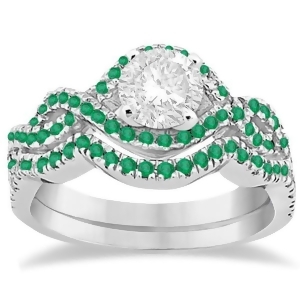 Emerald Infinity Halo Engagement Ring and Band Set 18K White Gold 0.60ct - All