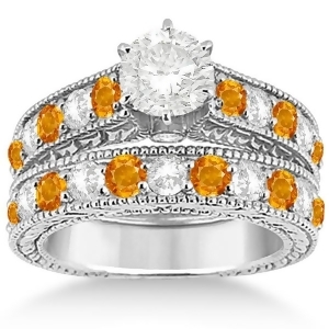 Antique Diamond and Citrine Bridal Wedding Ring Set 18k White Gold 2.75ct - All