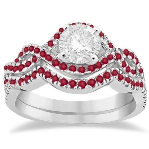 Ruby Infinity Halo Engagement Ring and Band Set 14K White Gold 0.60ct - All