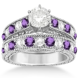 Antique Diamond and Amethyst Bridal Wedding Ring Set 18k White Gold 2.75ct - All