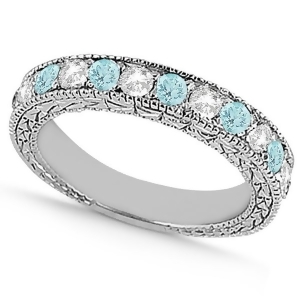 Antique Diamond and Aquamarine Wedding Ring 14kt White Gold 1.05ct - All