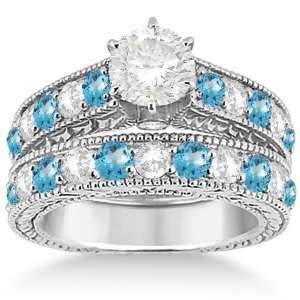 Antique Diamond and Blue Topaz Bridal Wedding Ring Set 14k White Gold 2.75ct - All