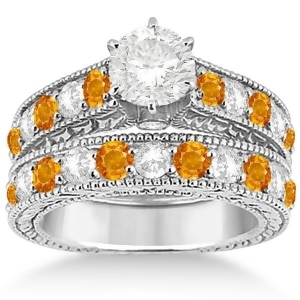 Antique Diamond and Citrine Bridal Wedding Ring Set 14k White Gold 2.75ct - All