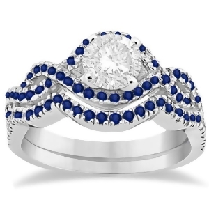 Blue Sapphire Infinity Halo Engagement Ring and Band Set 14K White Gold 0.60ct - All