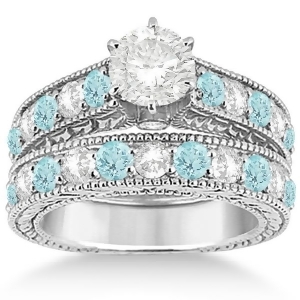 Antique Diamond and Aquamarine Bridal Wedding Ring Set 18k White Gold 2.75ct - All