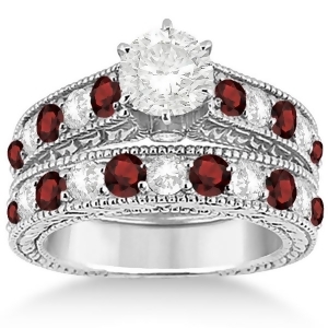 Antique Diamond and Garnet Wedding and Engagement Ring Set Platinum 2.75ct - All