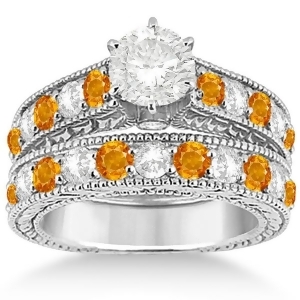Antique Diamond and Citrine Bridal Wedding Ring Set in Palladium 2.75ct - All