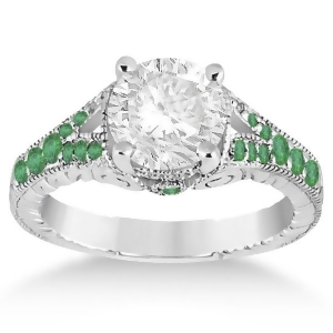 Antique Style Art Deco Emerald Engagement Ring 14k White Gold 0.33ct - All