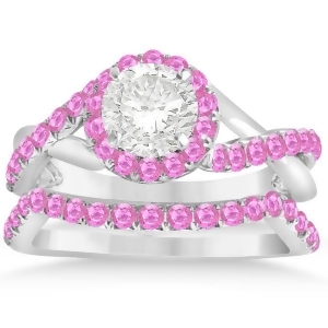 Twisted Shank Halo Pink Sapphire Bridal Set Setting 14k W Gold 0.50ct - All