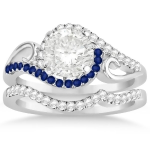 Swirl Bypass Diamond and Blue Sapphire Bridal Set 14k White Gold 0.36ct - All