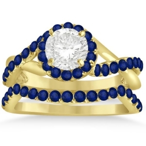 Twisted Shank Halo Blue Sapphire Bridal Set Setting 14k Y. Gold 0.50ct - All