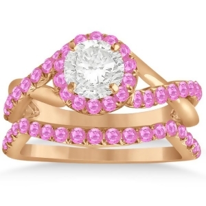 Twisted Shank Halo Pink Sapphire Bridal Set Setting 14k R. Gold 0.50ct - All